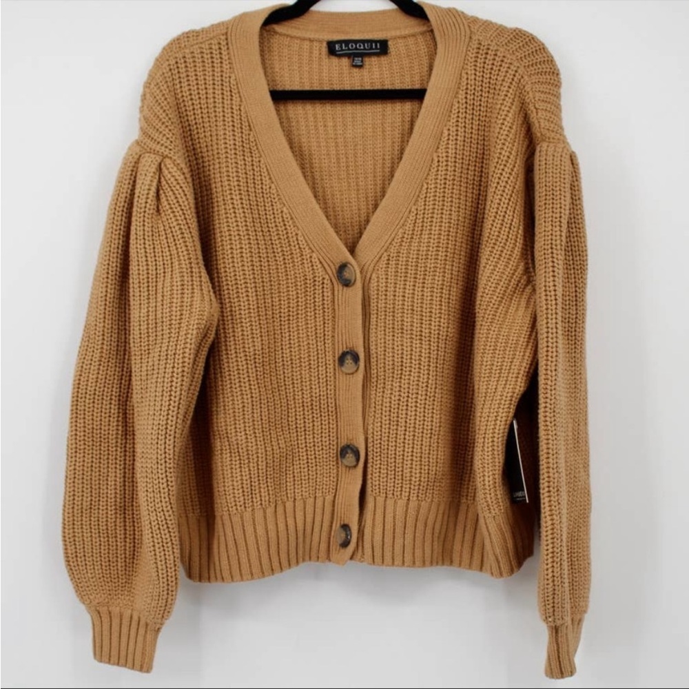 Eloquii Chunky Knit Cardigan Sweater Pleated Balloon Sleeves Tan Brown 14/ 16